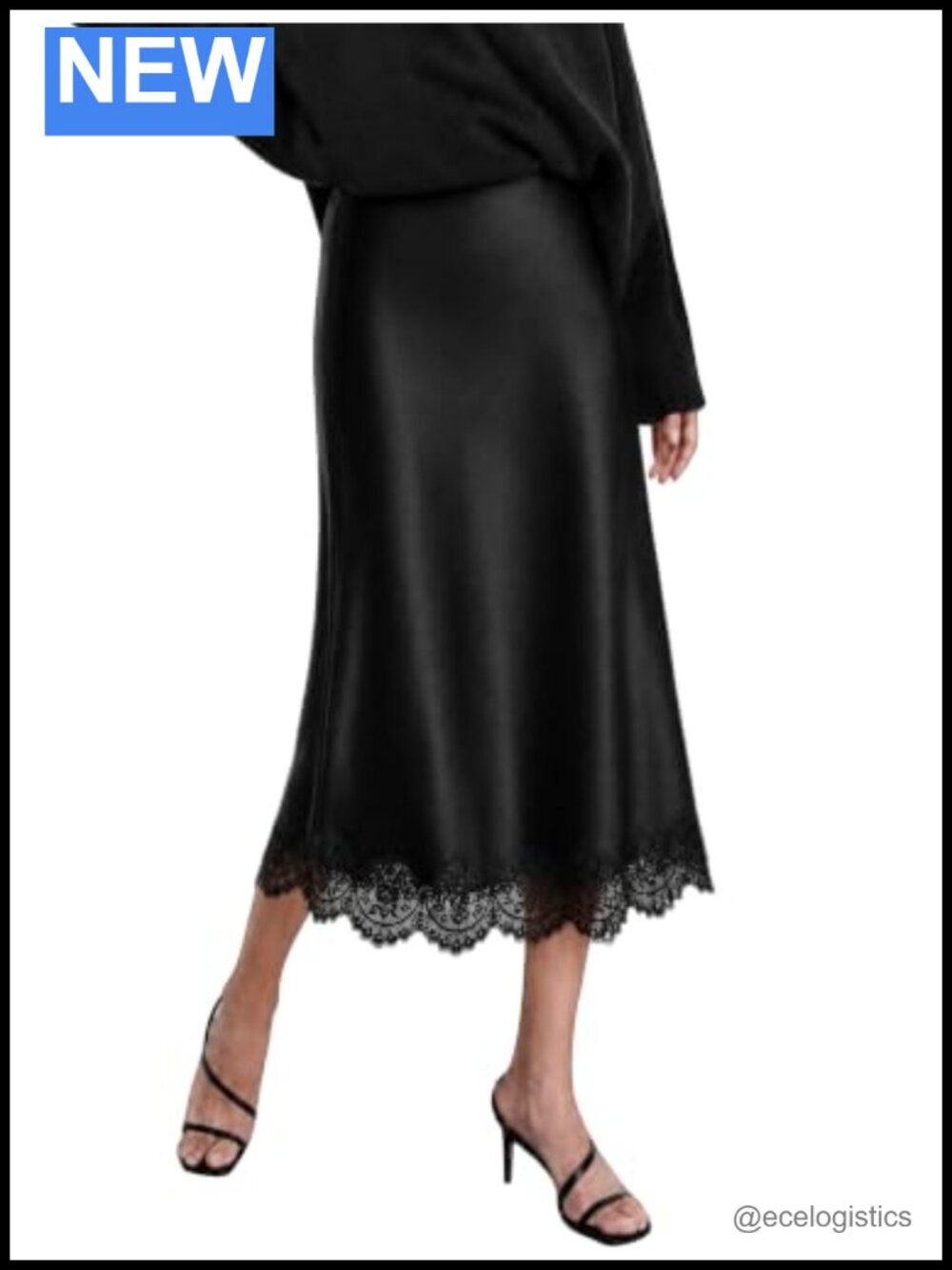 Women Satin Midi Skirt A-Line Lace Hem Silk High Waist